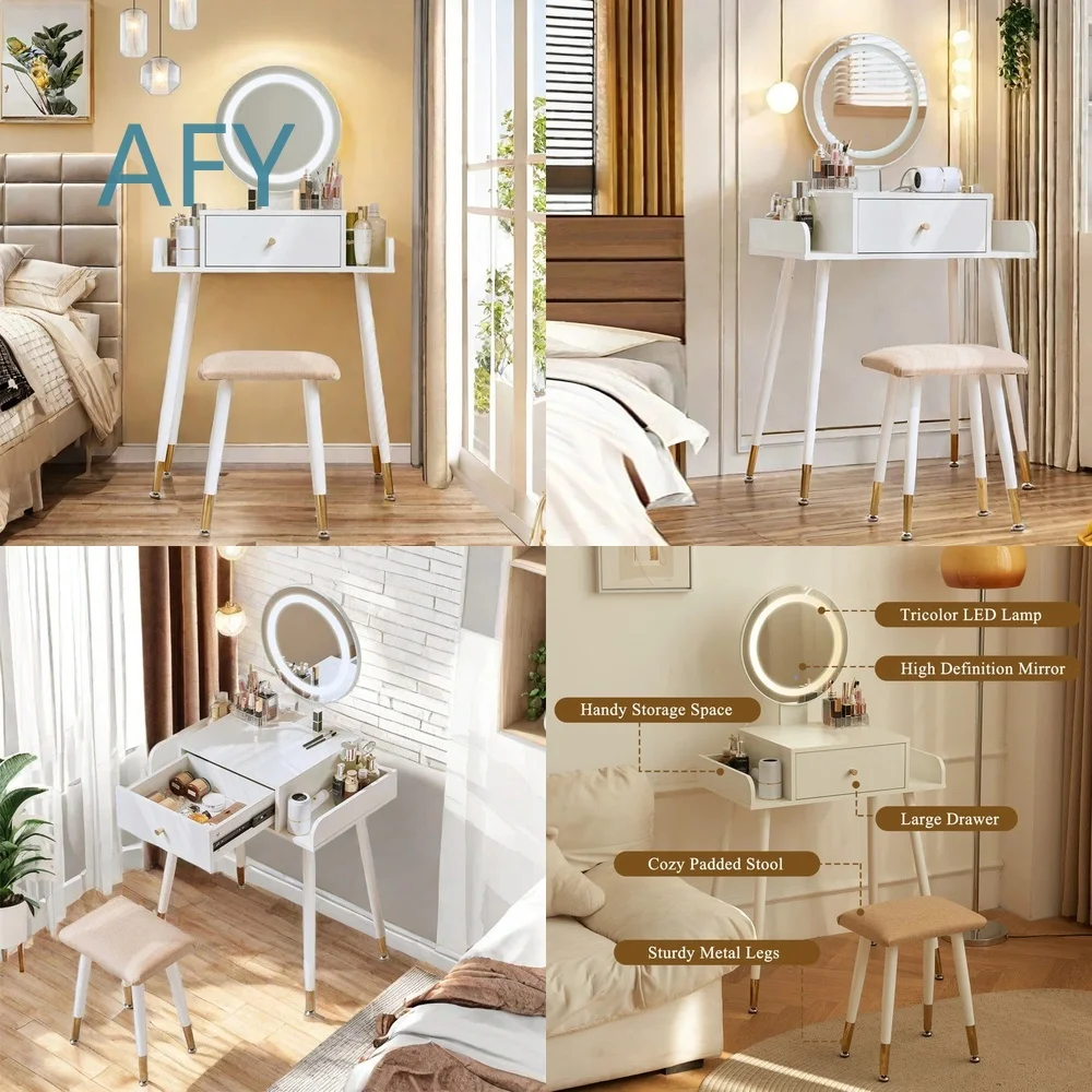 High-End Single-Draw Dressing Table Chair Set with Movable Round Smart Mirror for Height Adjustable Vanity Stations for