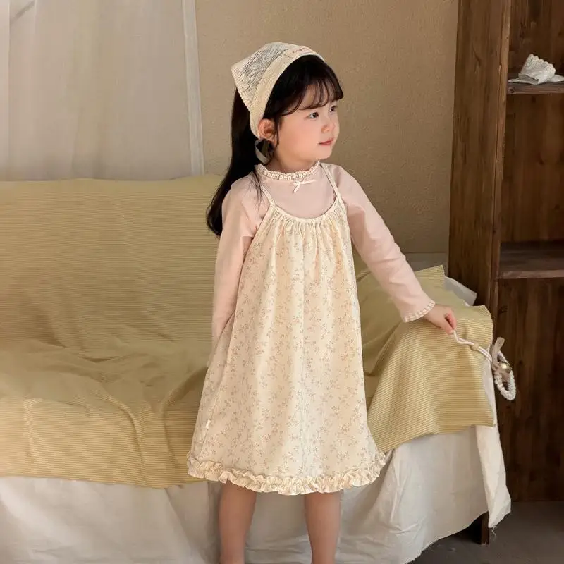 2026 Spring New Girls Sleeveless Sling Dress Cotton Children Floral Princess Dress Baby Girl Sweet Lace Strap Dress Kids Clothes