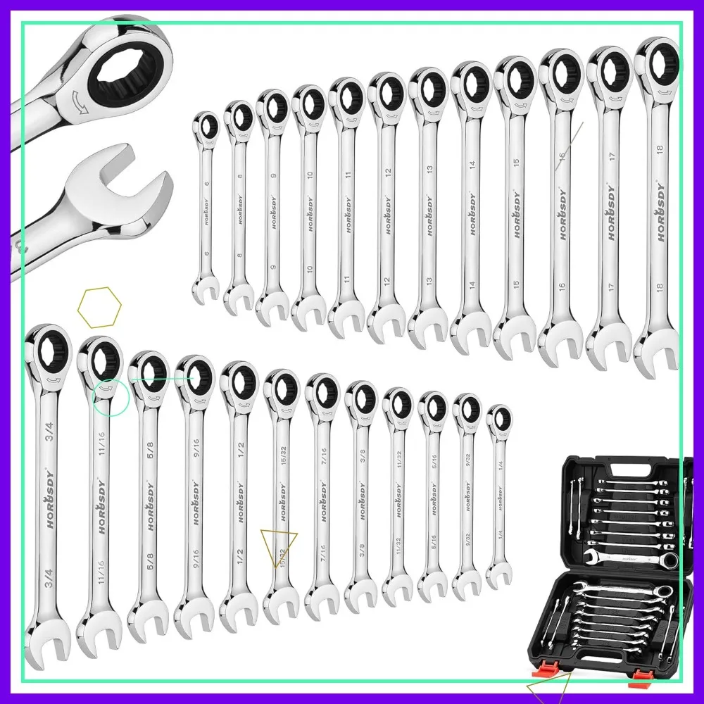 

24-Piece Ratcheting Wrench Set, Metric & SAE, 72-Tooth, Chrome Vanadium Steel, 6-18 mm & 1/4" to 3/4"