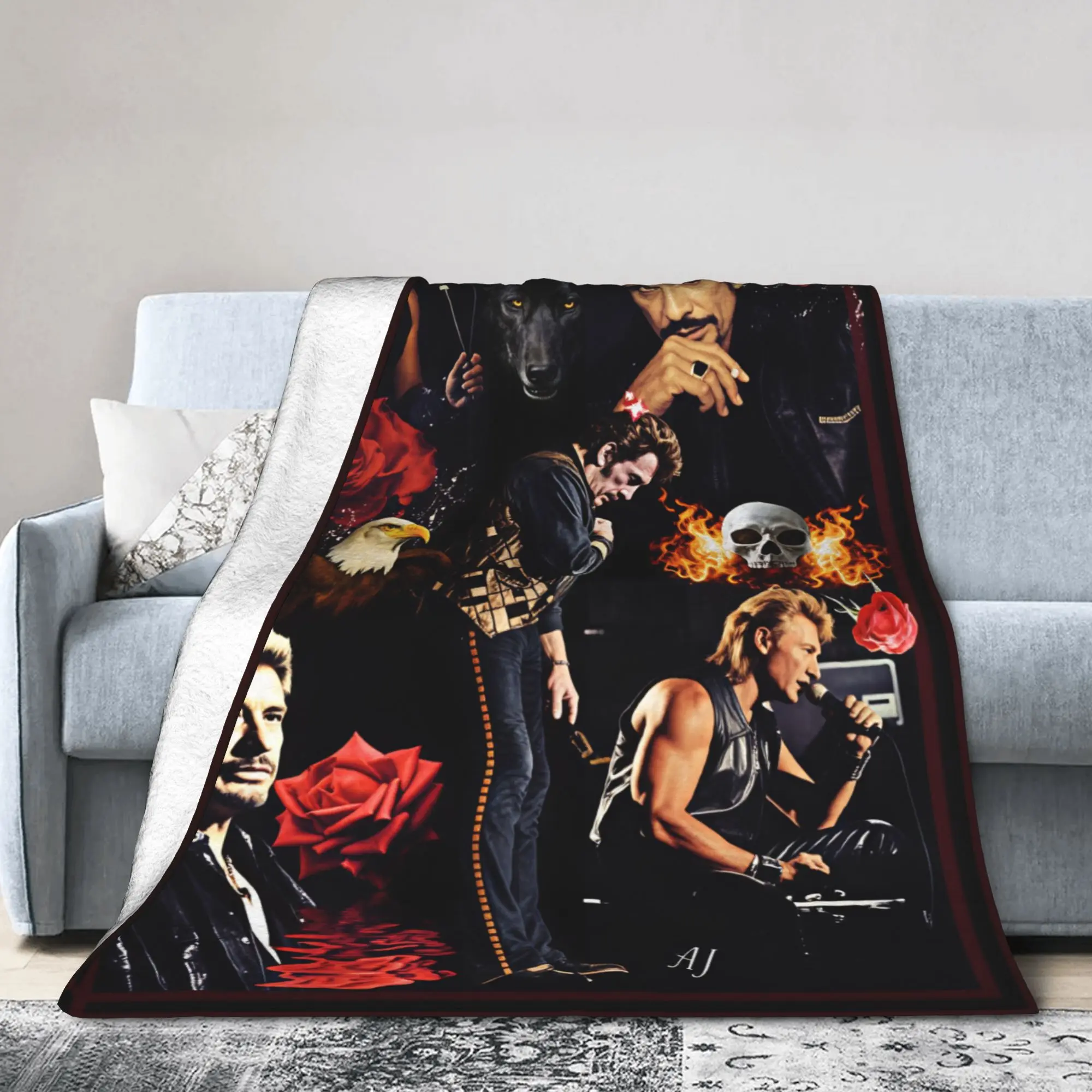 3D Printing Johnny Hallyday Rock Star Soft Warm Blankets Plush Throw Blanket Funny Couch Chair Flannel Bedspread Sofa Bed Cover