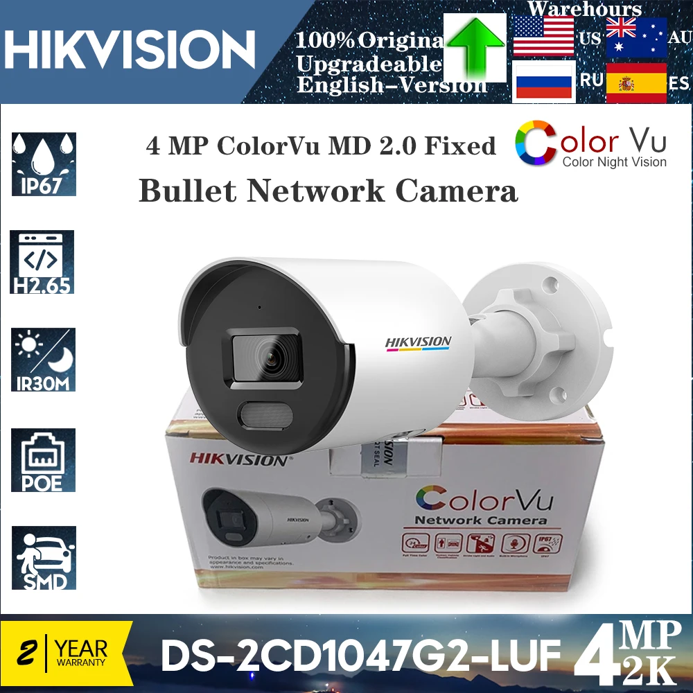 

Original Hikvision DS-2CD1047G2-LUF 4MP POE IP67 ColorVu Human and Vehicle Detection MD2.0 Built-in Mic Bullet Network Camera