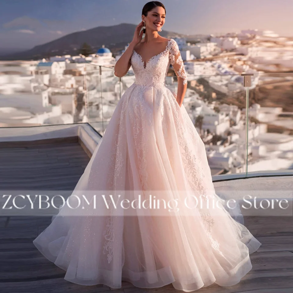 Elegant Half Sleeves Illusion Back A-Line Wedding Dresses 2026 Princess V-Neck Tulle Appliques Women Bride Gown Vestido De Noiva