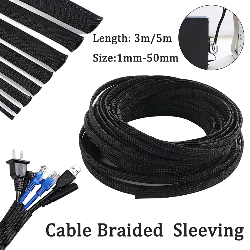 3/5M Black Insulated Braid Sleeving 1-50mm Tight PET Wire Cable Gland Protection Cable Sleeve  Data Line Protection Wire Cable