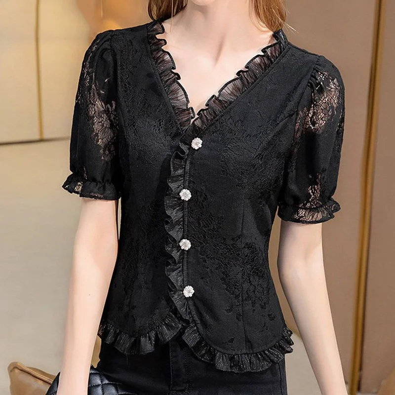 Black Lace Patchwork Short Blouse Short Sleeve V Neck Irregular Elegant Shirt Tops Vintage Temperament Women Clothing Summer New