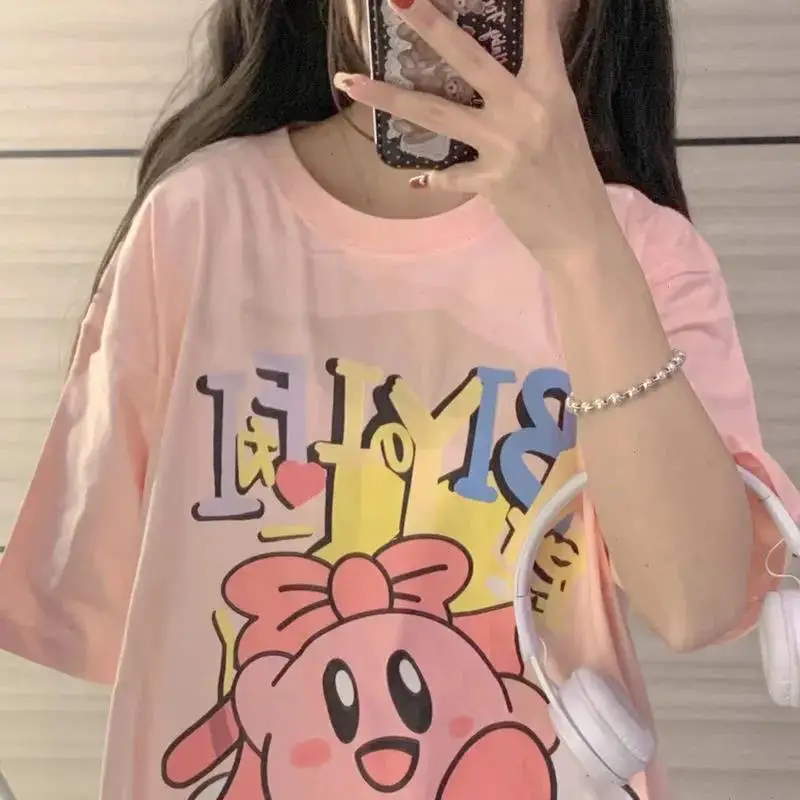 Summer Japanese Cartoon Printing Tshirt Women Harajuku Kawaii Girl Pink Loose Cotton Short T Shirt Top Female Student Clothes