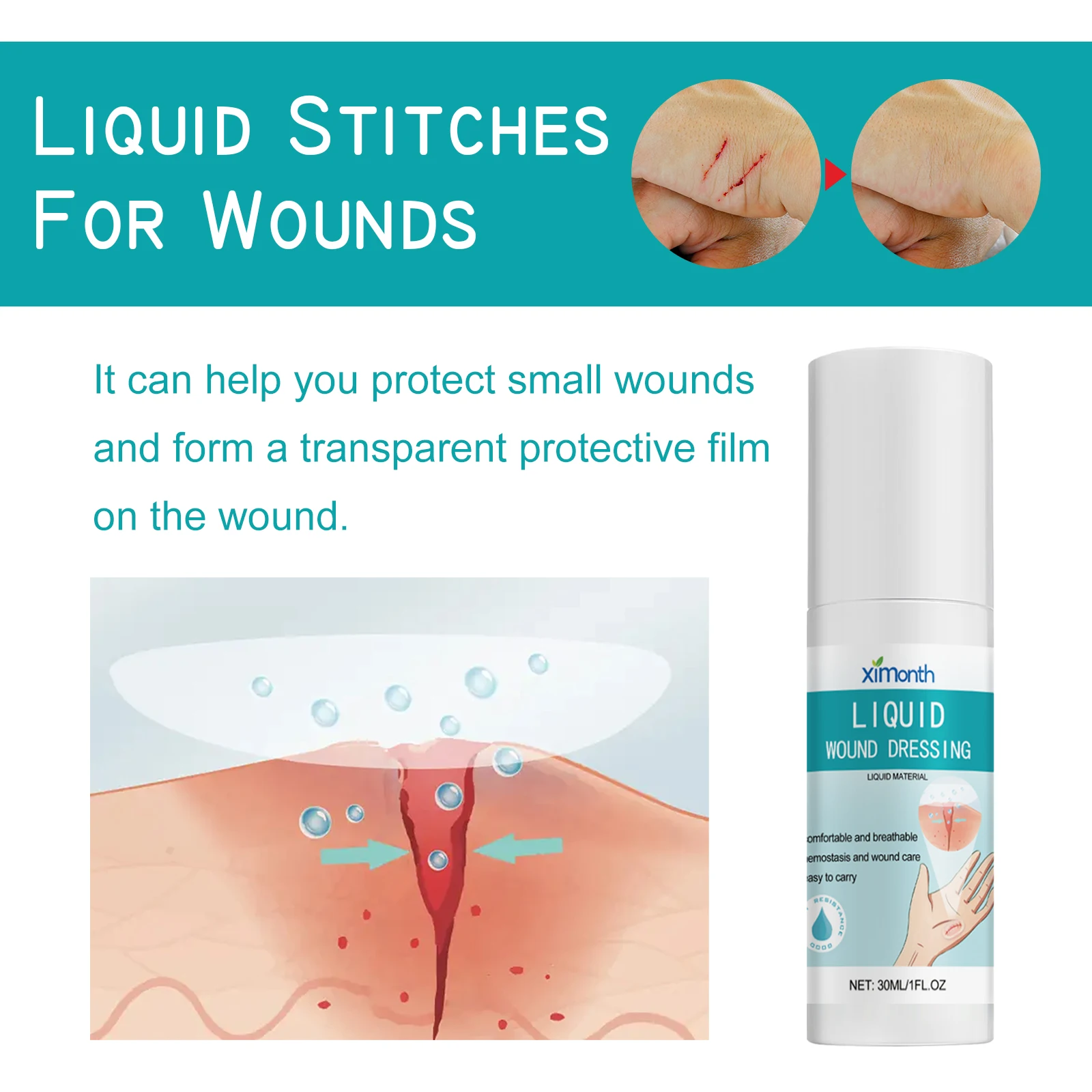 Ximonth Liquid Bandage Spray – Surface Protection, Fast Film Formation, Waterproof, Breathable, Accelerates Healing, Skin Repair