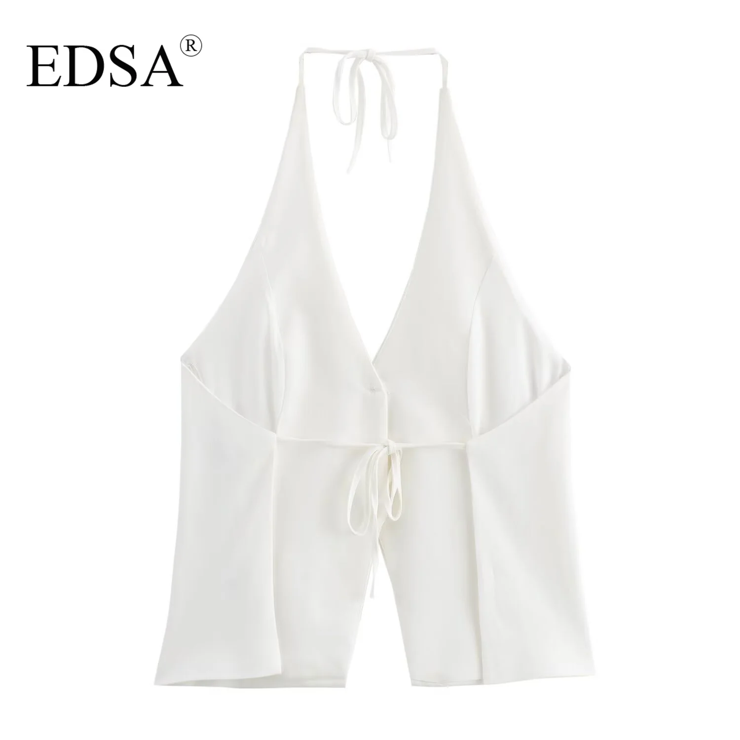 EDSA Women Elegant Halter Top with Tie V-neck False Welt Pockets Open Back Causal Female Single Breasted Blouse