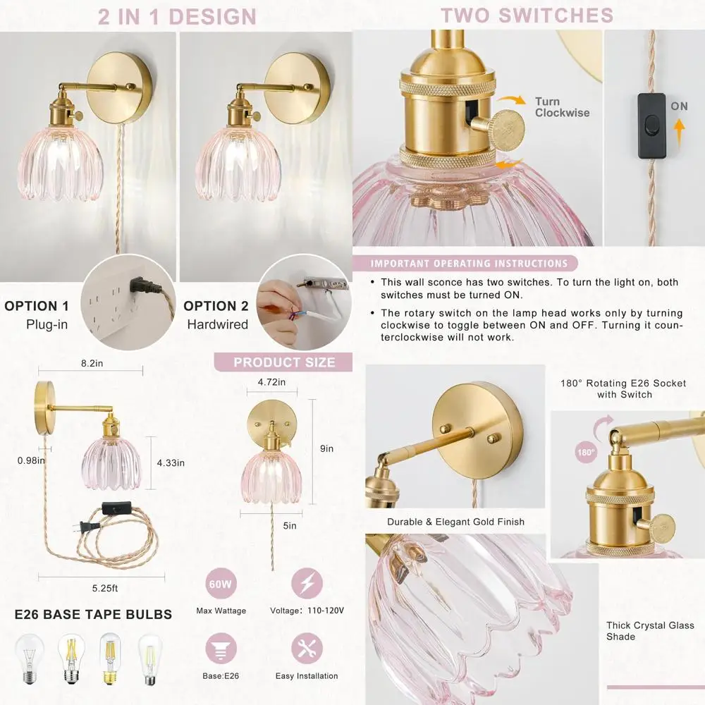 

Pair of Vintage Tulip Pink Glass Wall Sconces with Plug-in Cord and Switch, Gold Bedroom Wall Lights Decor Set