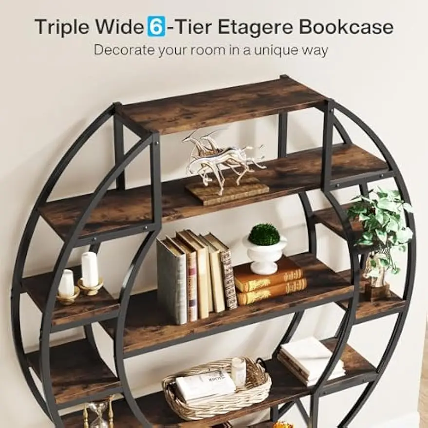 Tribesigns-Bibliothèque à 6 Niveaux, Grande Bibliothèque Ovale Triple Large de 69 Pouces avec Cadre en Métal, Présentoirs Ouverts Industriels pour Plantes en Bois