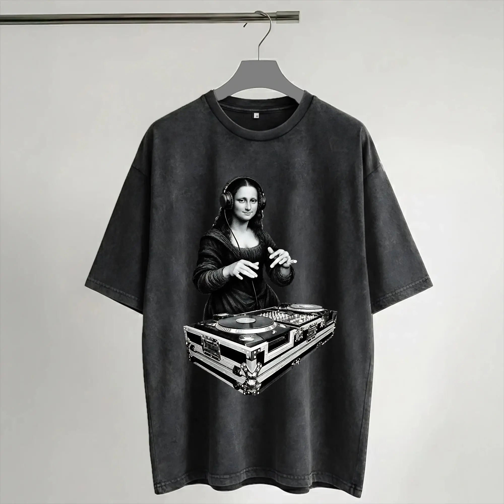 DJ La Gioconda Mona Lisa T Shirt Hip Hop Washed Short Sleeve Oversize T-Shirts  Novelty Men Women Streetwear Graphic Tee Shirt