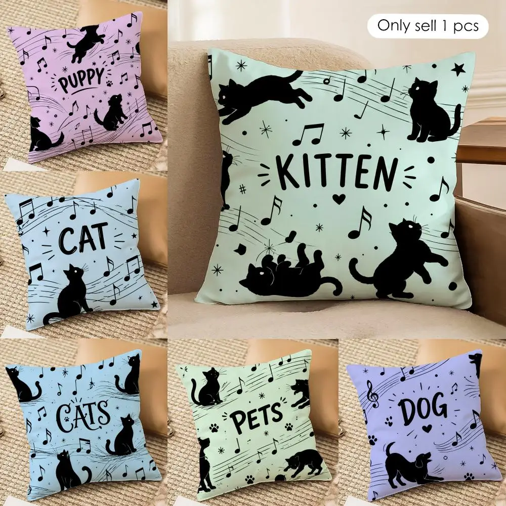Cute Black Dog Cat Music Cushion Cover Square Pillow Bedroom Sofa Leisure Comfort Living Room Home Decoration 40X40