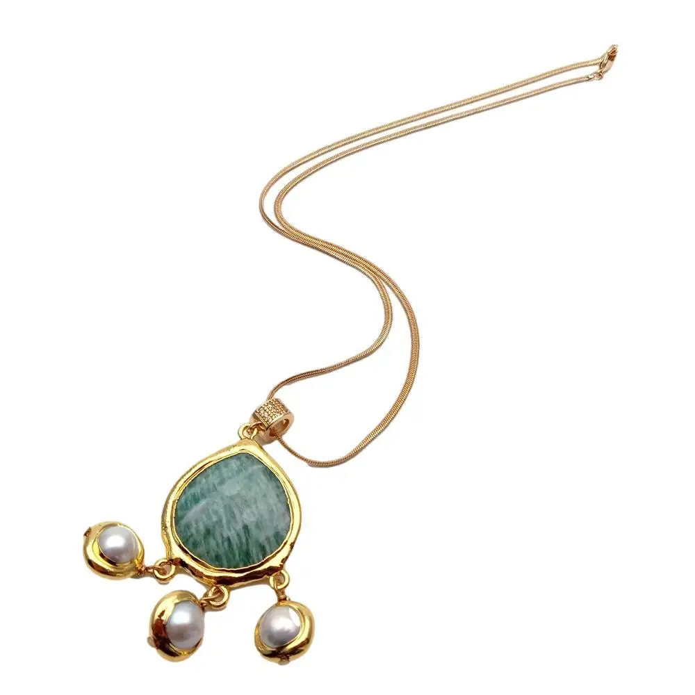 Y.YING Cultured White Pearl Amazonite Charm Pendant Necklace For Women Gold Color Metal Chain Choker New Jewelry