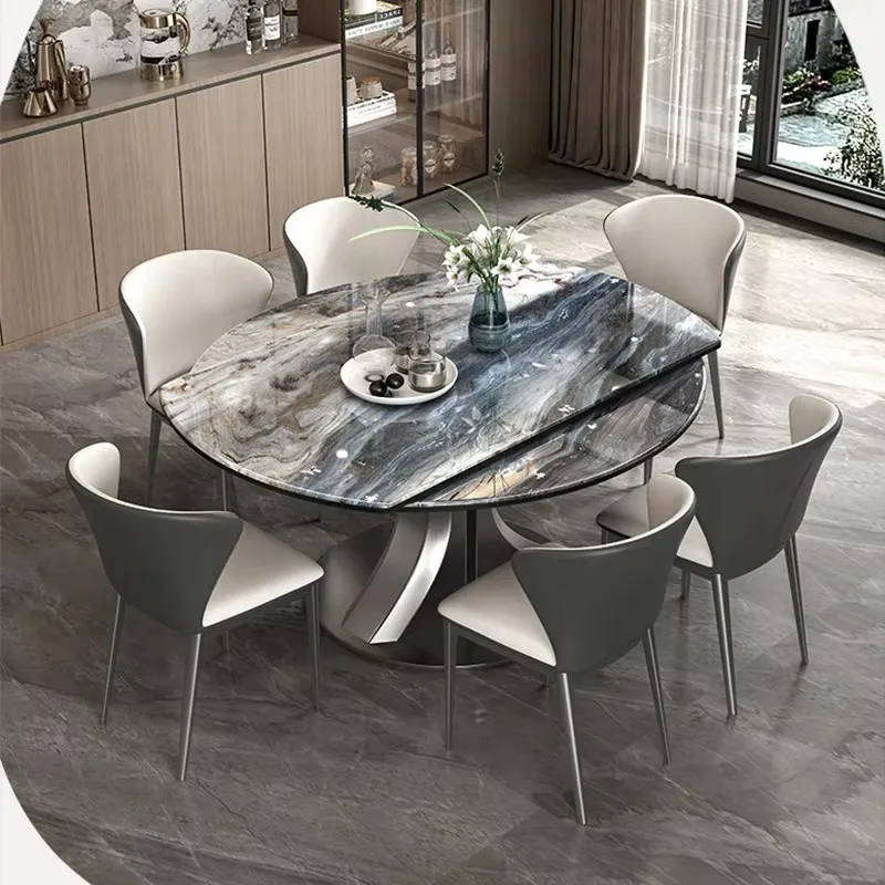 Luxury Natural Marble Stone Dining Table Extension-type Dinner Table With Stainless Steel Base High-end Home Furniture For Villa