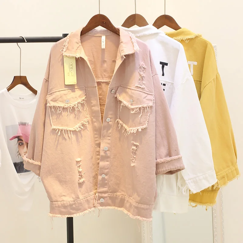 Nice Pop Letter Print Boyfriend Jeans Jacket for Women Girl Candy Color Denim Cotton Jacket Lady Coat Loose Hole Chaqueta Mujer