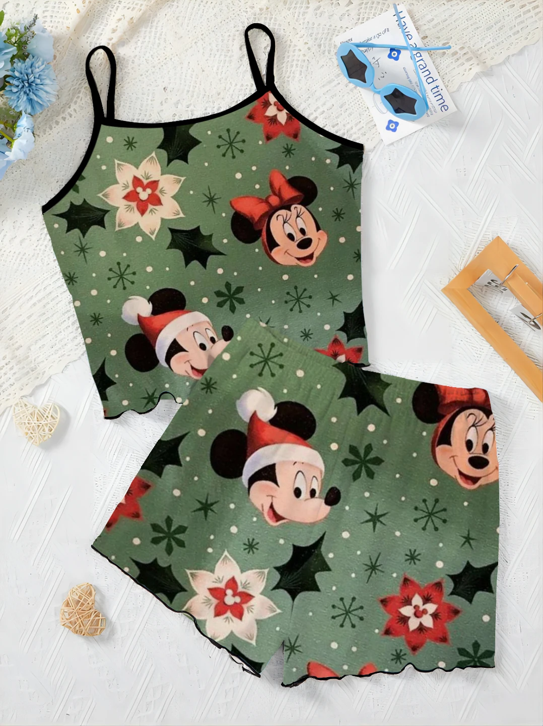 Ensembles courts trempés pour femmes, robe à enfiler, haut Minnie Mouse, jupe pyjama, garniture en laitue, t-shirt Disney, pièces élégantes