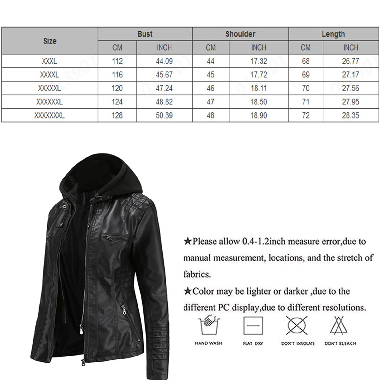 Pu Leather Jacket Hooded Detachable Plus Size Motorcycle Women Clothes Ladies Solid Color Washed Leather Coat Two-Piece Set