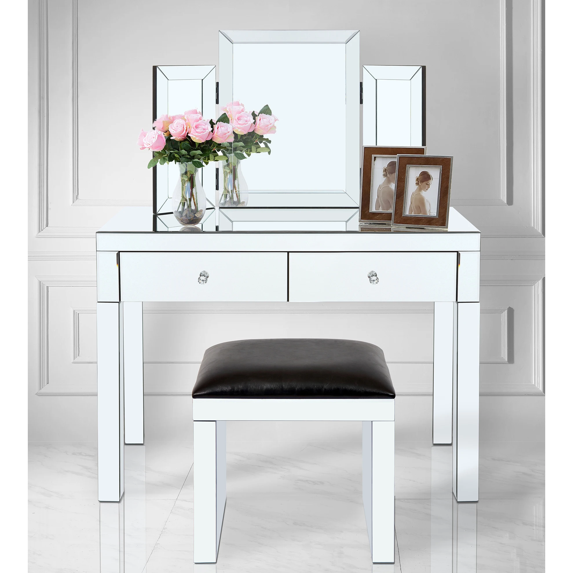 

W31"xH20" 3 Part Mirror Matching W39.5"xD15.7"xH31.5" Double Draw Dresser&W17.7" Leather Chair[US-Stock]