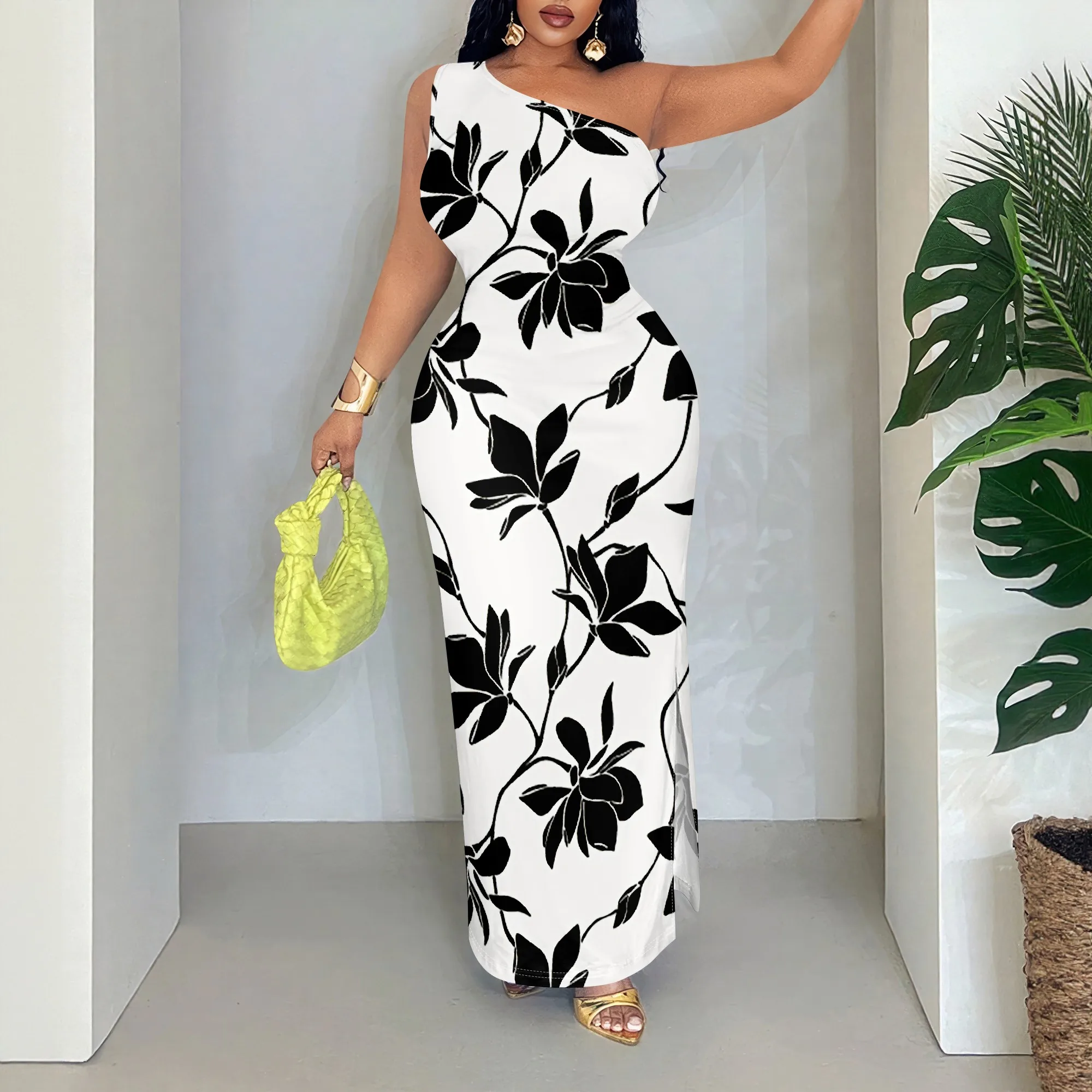 

Floral One Shoulder Maxi Dress, Sleeveless Bodycon Gown, Elegant Party Wear, S-2XL