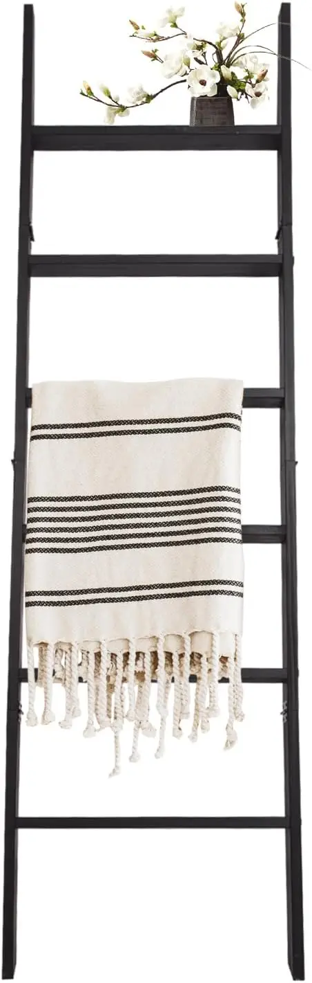 Decorative Ladder Shelf, Leaning Shelf, Wall Leaning Blanket Ladder Towel Storage Rack for Living Room (Black)