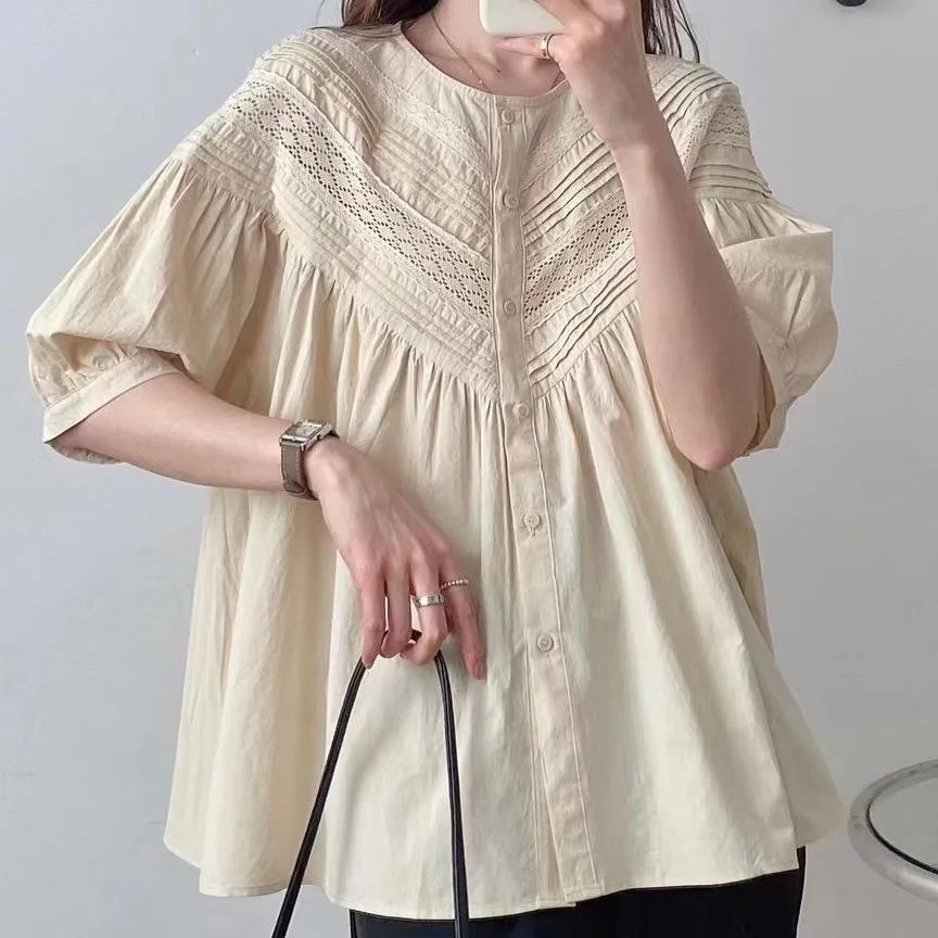 Plus Size Tops Women Japanese Style Vintage White Embroidery Blouse Boho O Neck Cotton Linen Blusas Femininas Shirt Mujer