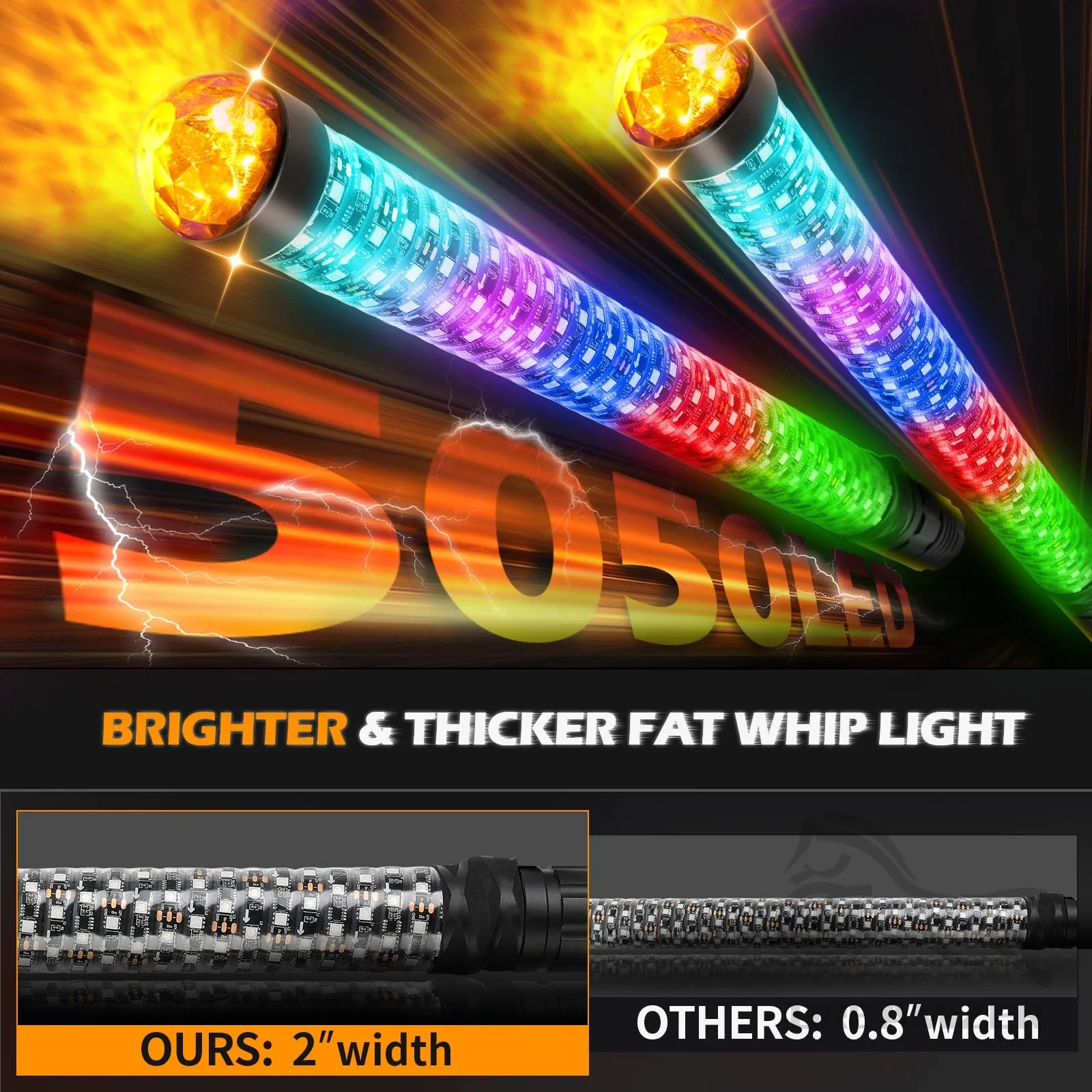 2PCS 2FT Fat Whip With Warning Lights Antenna Spiral Chase Offroad Warning Fatty LED Whip Light for RZR Can Am Polaris UTV ATV