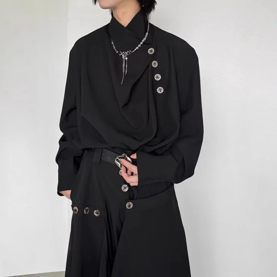 

Irregular Women Brown Button Big Size Blouse New Stand Collar Long Sleeve Shirt Fashion Spring Autumn 2026 CPG87
