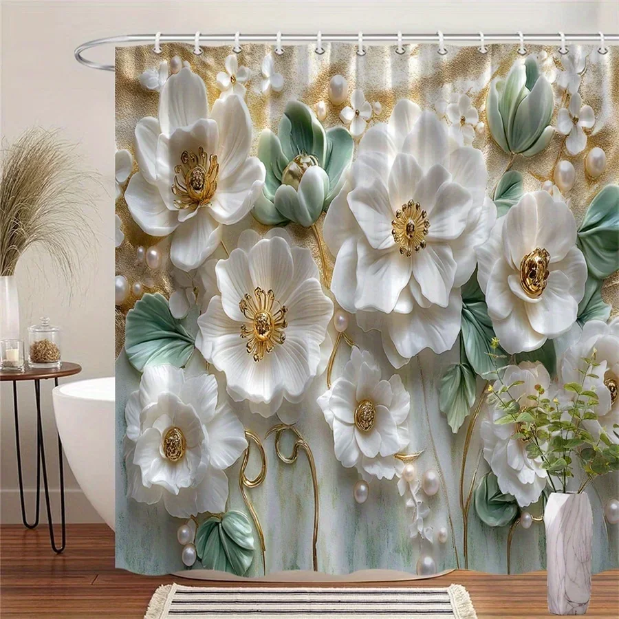 Luxurious White & Pale Green Floral Shower Curtain, Pearls on Golden Gradient Background,  Romantic Bathroom Decor Gift