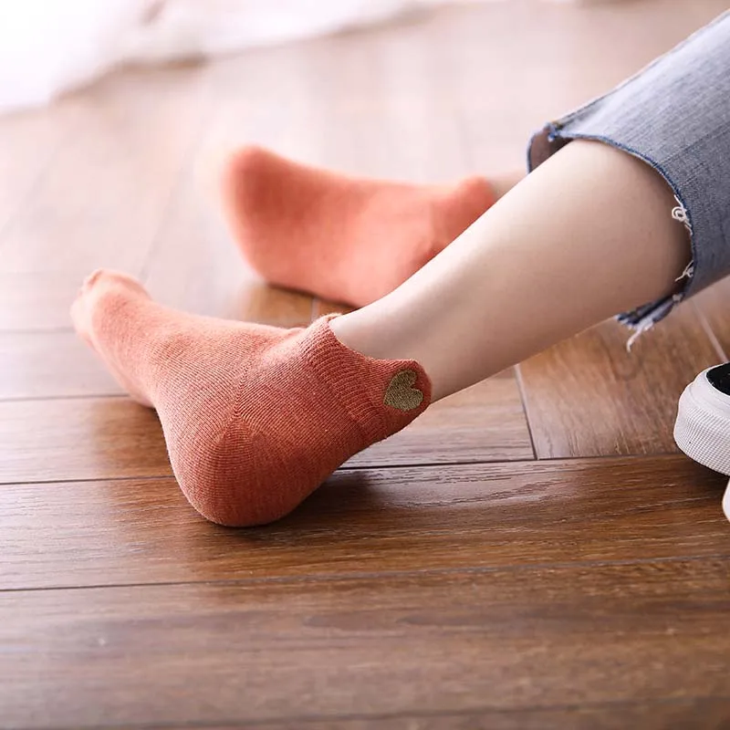 10 Paare/los frauen Baumwolle Socken Niedrigen Rohr Solide Gold Seide Stickerei Herz Krone Druck Kawaii Weiß Harajuku Kurze Socken – Detail 3