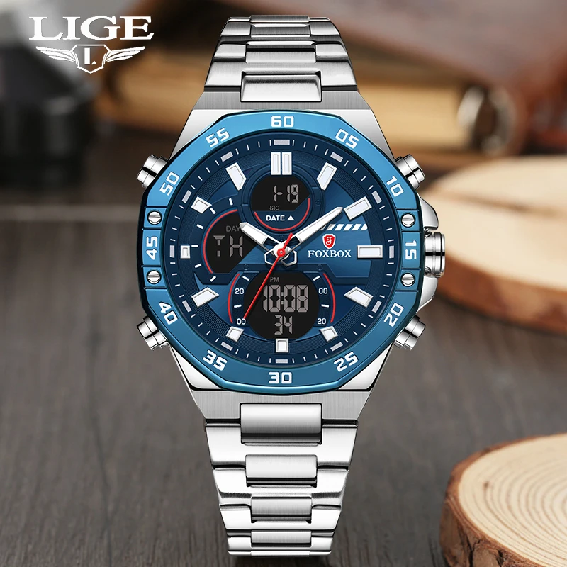 LIGE New Fashion Sport Chronograph Watch for Men Military Waterproof Light Digital Men's Wristwatches Stainless Steel Man Watch