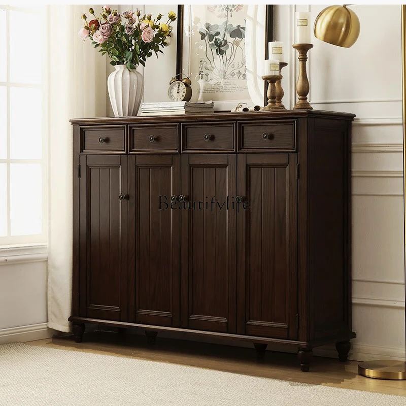 

American Country Style Solid Wood Shoe Cabinet Entryway Vintage Storage Cabinet Black Walnut Solid Wood