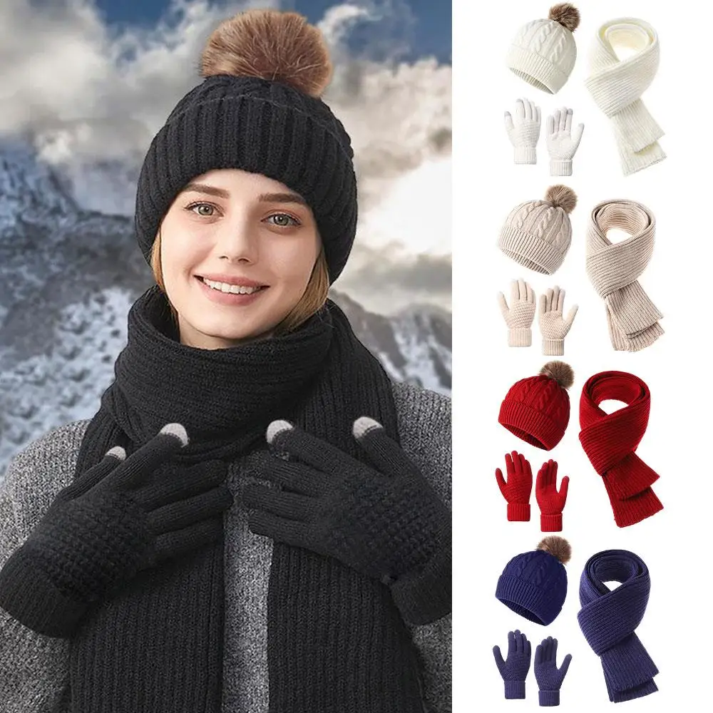 الفراء الكرة Pompom بيني الرقبة أدفأ الصوف متماسكة وشاح للرقبة قفازات كاب 3 قطع مجموعة الحرارية رشاقته محبوك قبعة وشاح قفازات #2