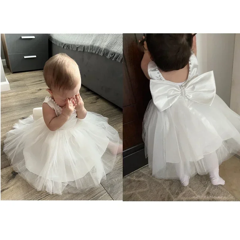 Summer Dress Toddler Baby Girls 1st Birthday Baptism Party Kids Backless Bow Cute Baby White Dress Beading Wedding Prom Vestidos