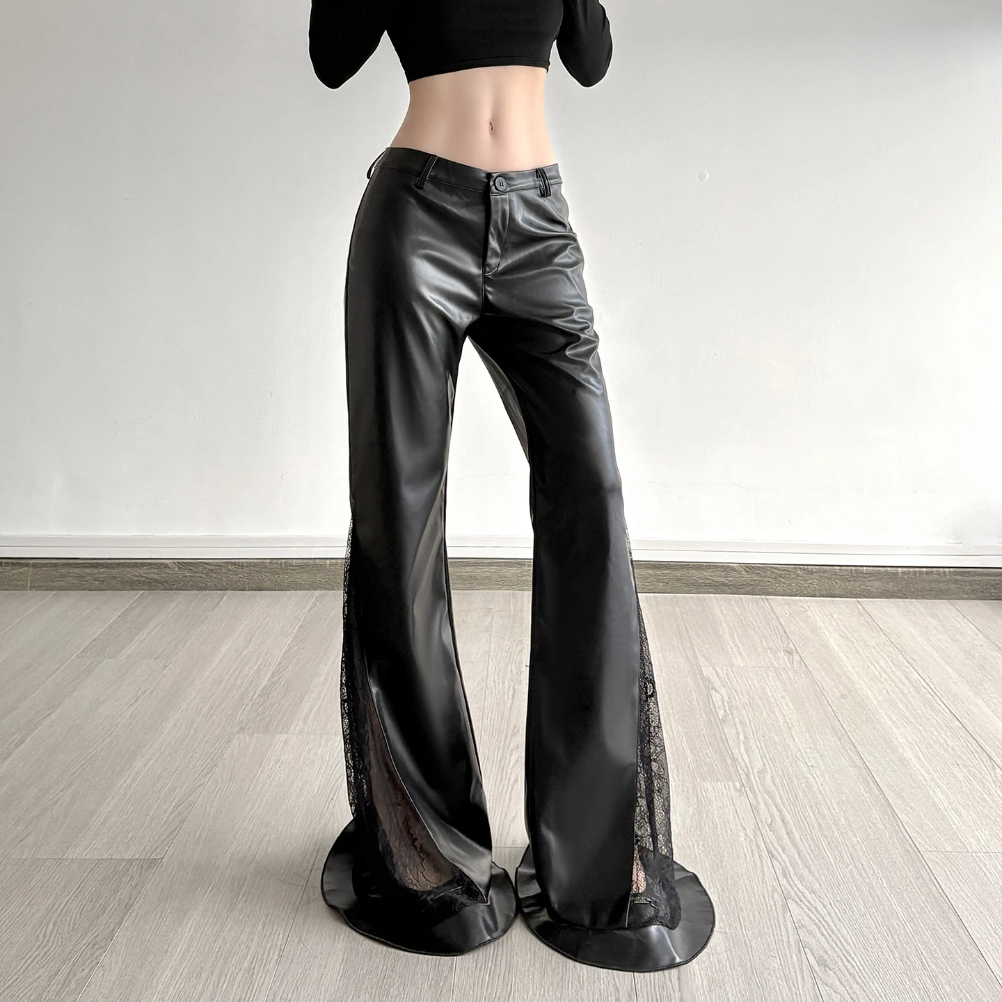 Dark Pu Leather Patchwork Lace Pants Gothic Slim Low-Waisted Flare Pants Women 2025 Autumn Spring Fashion Y2K Streetwear Ladies