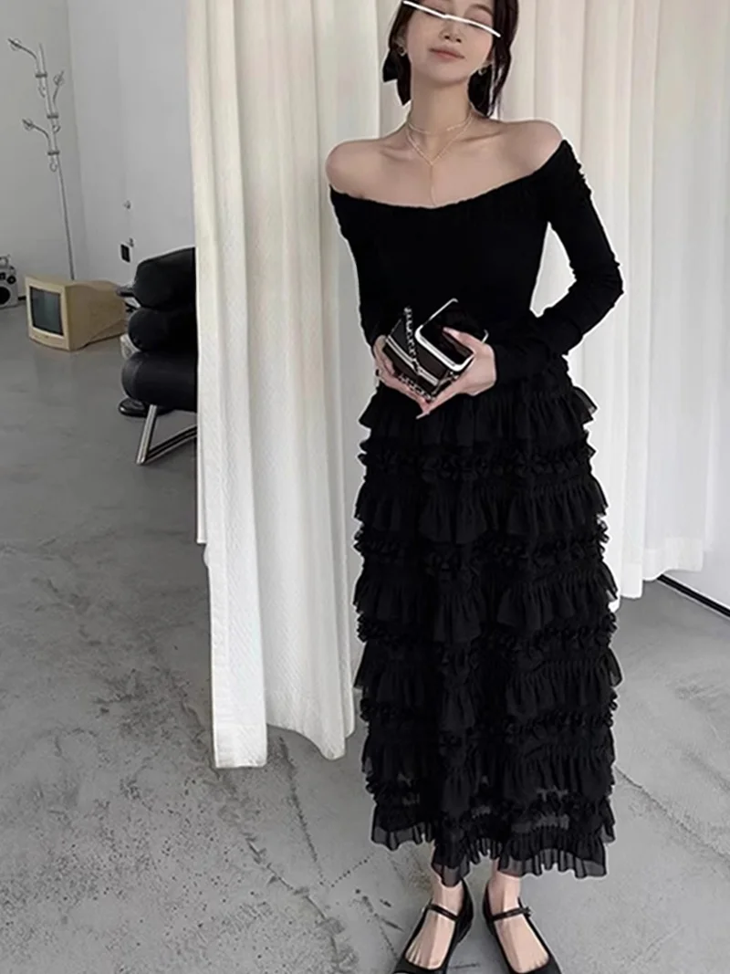 

Сексуальное платье с открытыми плечами в стиле Хепберн, повседневное, для дня рождения, с высокой талией, длинными рукавами, вечернее платье