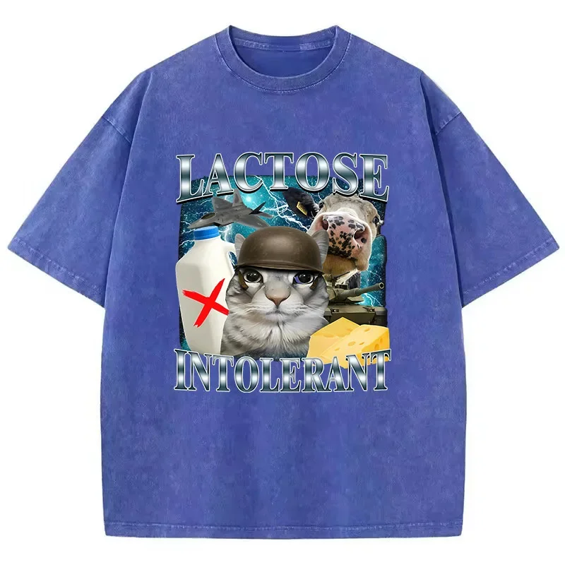 2026 Retro T Shirt Vintage Washed 100% Cotton T-Shirt Lactose Intolerant Funny Cat Meme Graphic Tee Casual Streetwear Spring