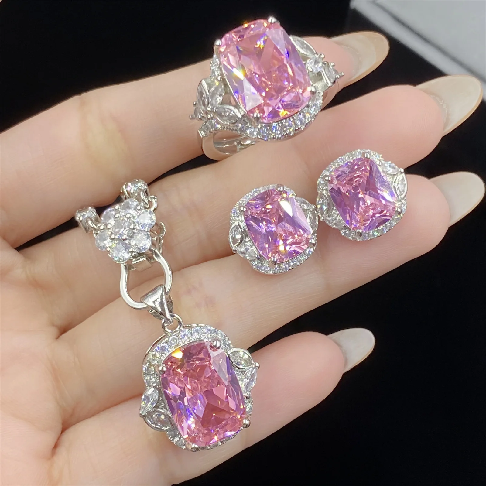 Luxury Pink Jewelry Sets 925 Silver Sparkling Zircon Elegant Statement Pendant Necklace Ring Earring Women Wedding Party Jewelry