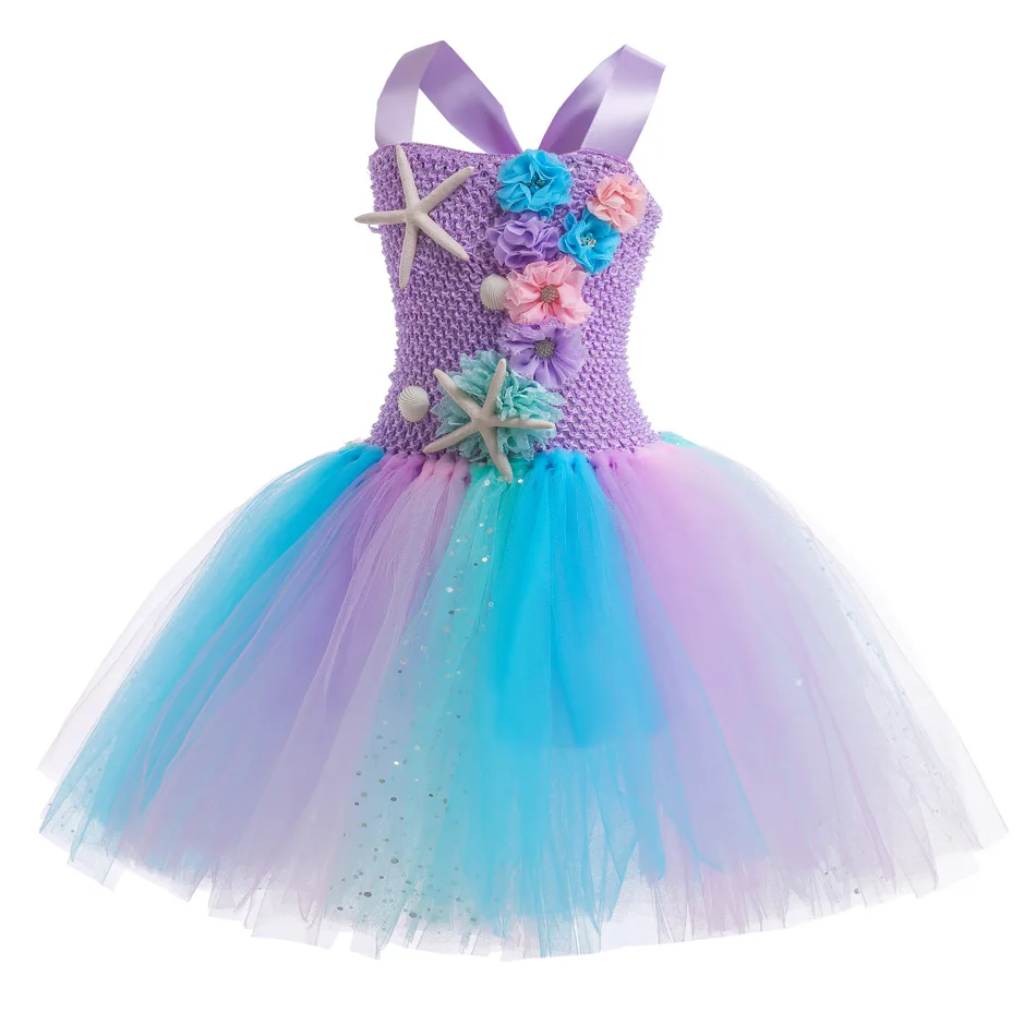 Mermaid Tutu Dress with Coral Starfish Appliques Off Shoulder Fancy Princess Toddler Birthday Party Puffy Gown 1-12Y