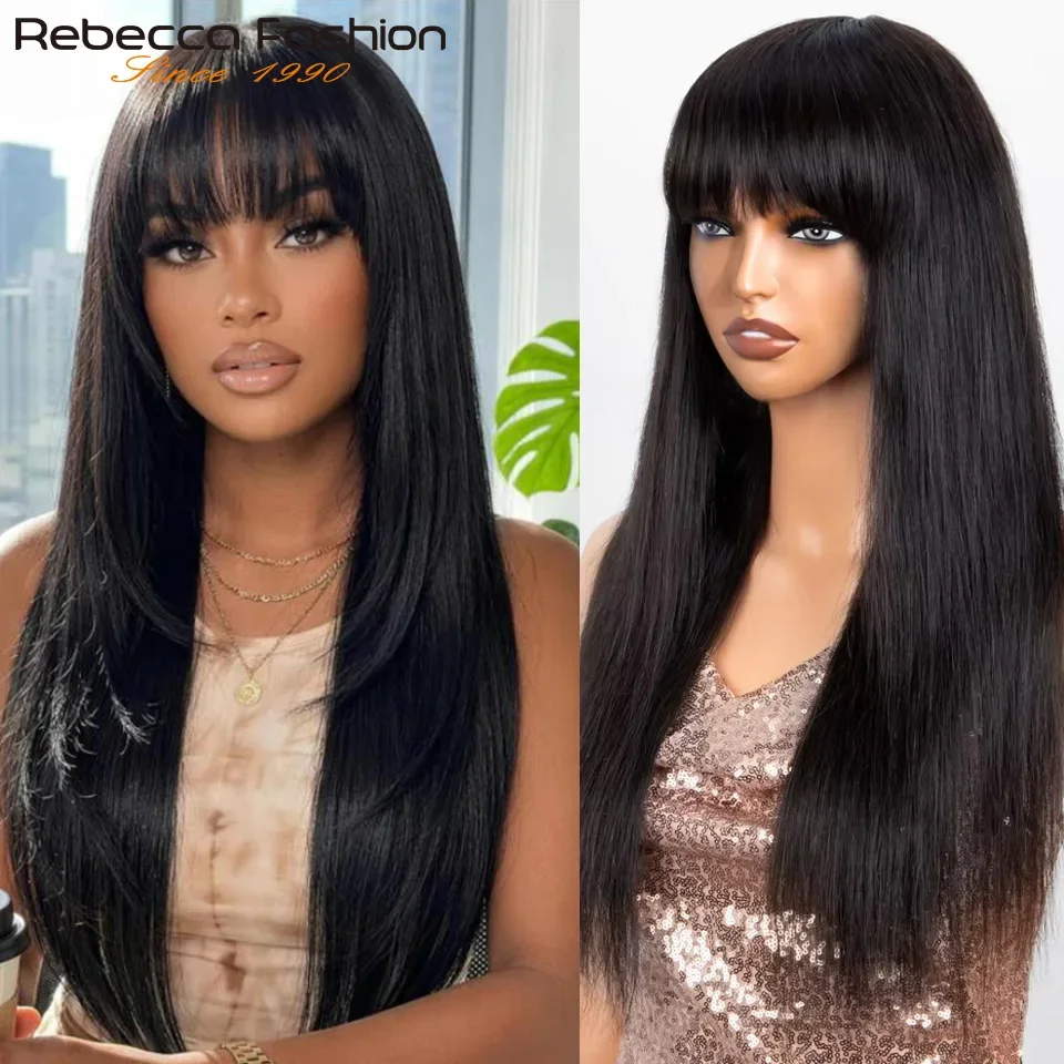 Straight Human Hair Wig With Bangs 100% Remy Human Hair Wigs Full Machine Made Wear And Go Wigs For Women Beginner Friendly