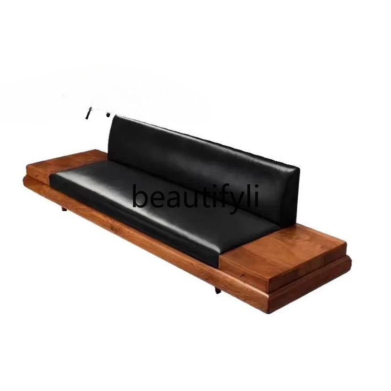 

Creative straight row double three solid wood sofa light luxury cafe, hotel clubhouse leather fabric sofa