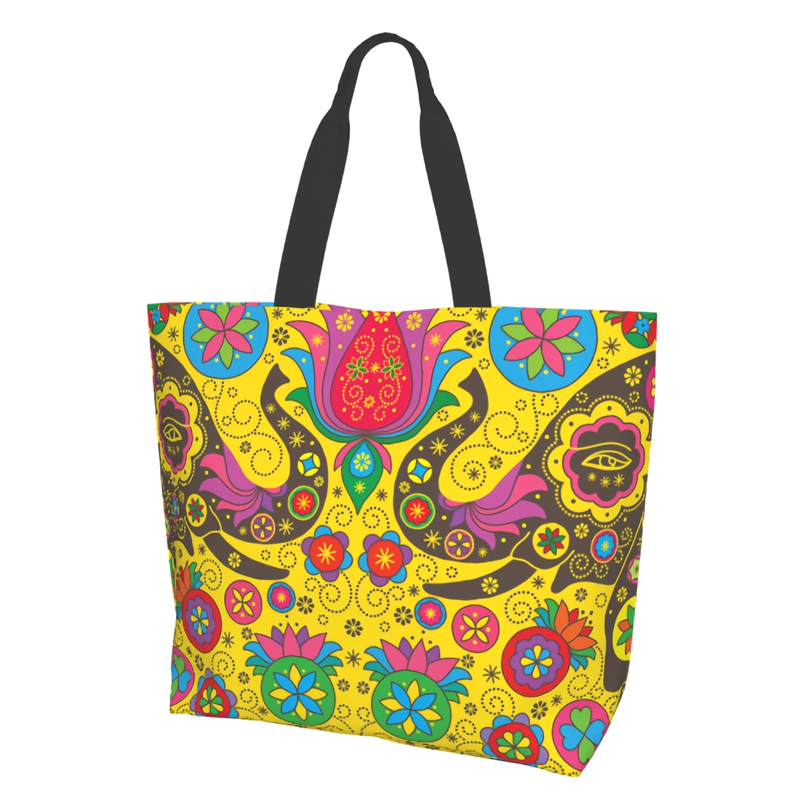 Colorful Elephants Shopping Bag Reusable Indian Tote Bag Oriental Shoulder Bag Casual Lightweight Large Capacity