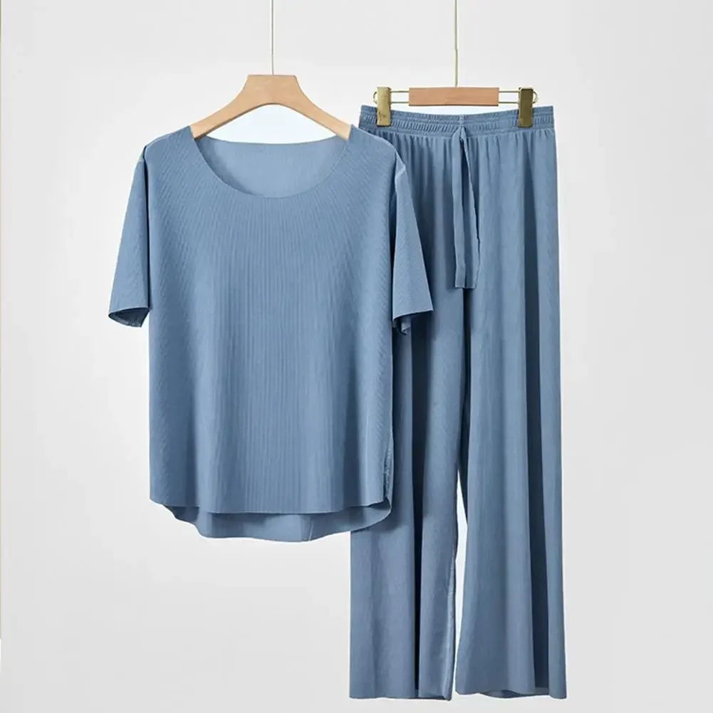

Solid Color Ice Silk Pajamas Set B2Pcs/Set Summer Sleepwear For Women O-Neck Short Sleeve Tee Shirt Elastic Waist Long Pants Set