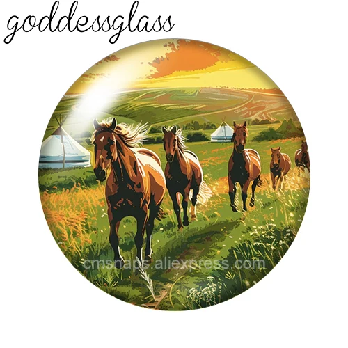 Grassland Running Horse Sunset Freedom 12mm/18mm/20mm/25mm Round Photo Glass Cabochon Flat Back Making Findings Earrings