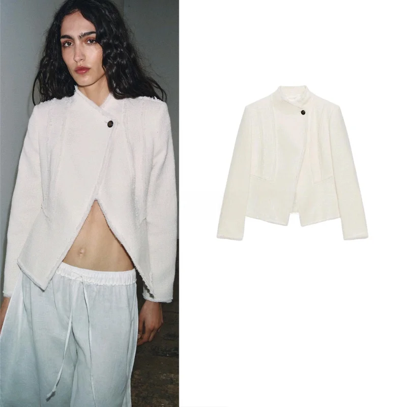 White Stand Collar Raw Edge Blazer One Button Irregular Front Flared Hem Long Sleeve Women Streetwear Cropped Coat Jacket 260801