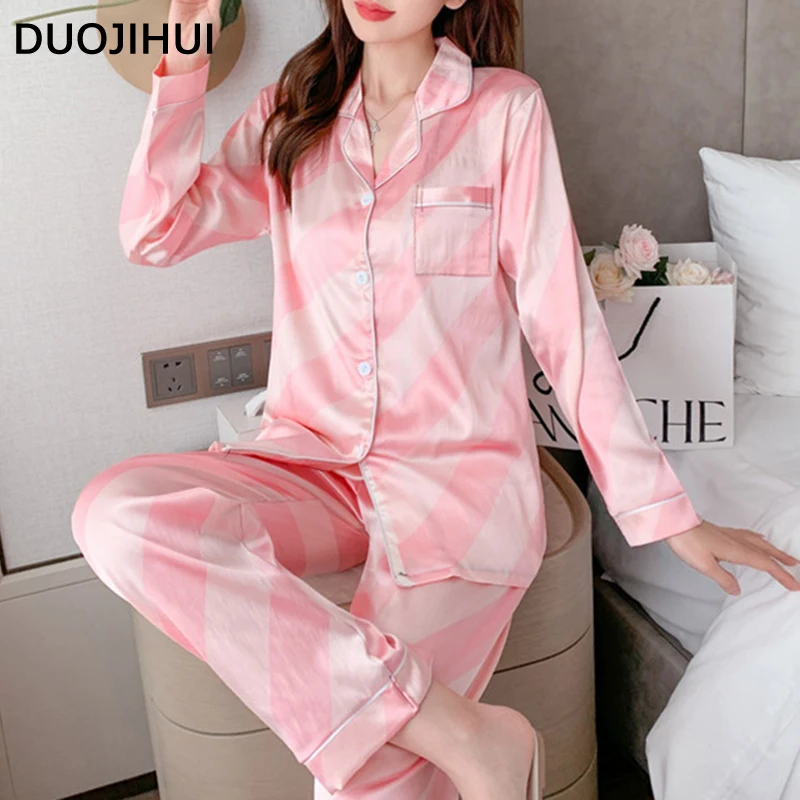 DUOJIHUI Black Stripe Home Clothes Women's Pajamas Set Chic Button Cardigan Loose Casual Pant Simple Autumn Female Sleepwear Set