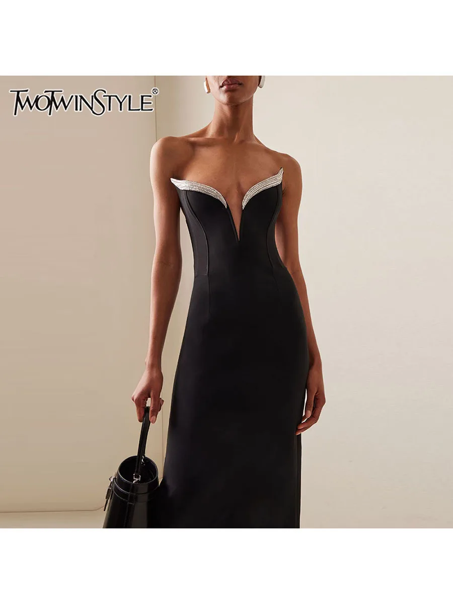 

TWOTWINSTYLE Hit Color Slimming Elegant Dresses For Women Strapless Sleeveless High Waist Elegant Dress Female Fashion Style New