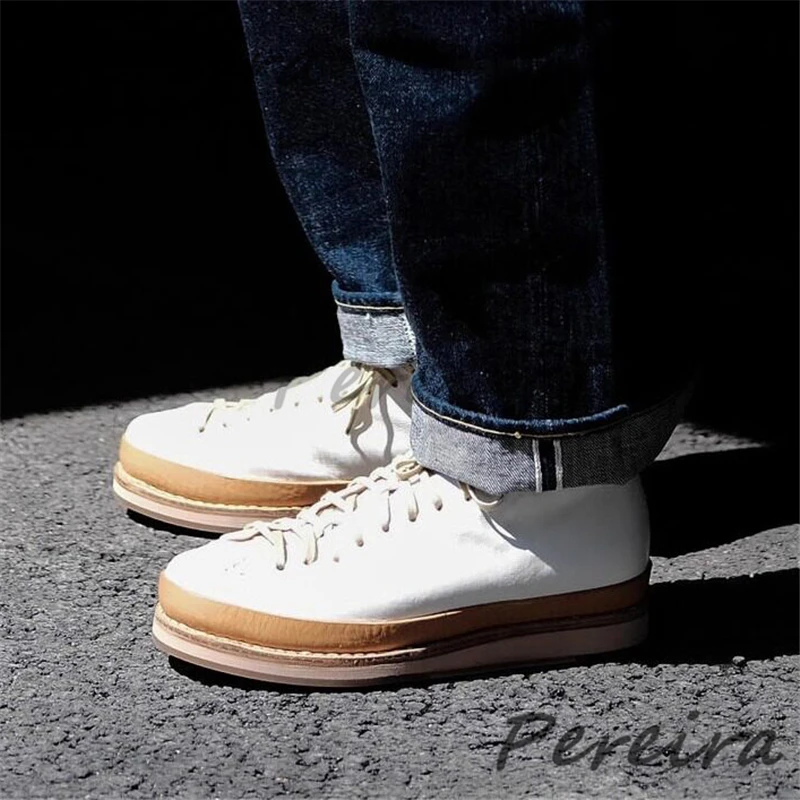 Men's Retro White Leather Thick Soled High-Top Shoes Round Toe Lace-Up Short Boots Trendy Versatile Handmade Casual Sneakers