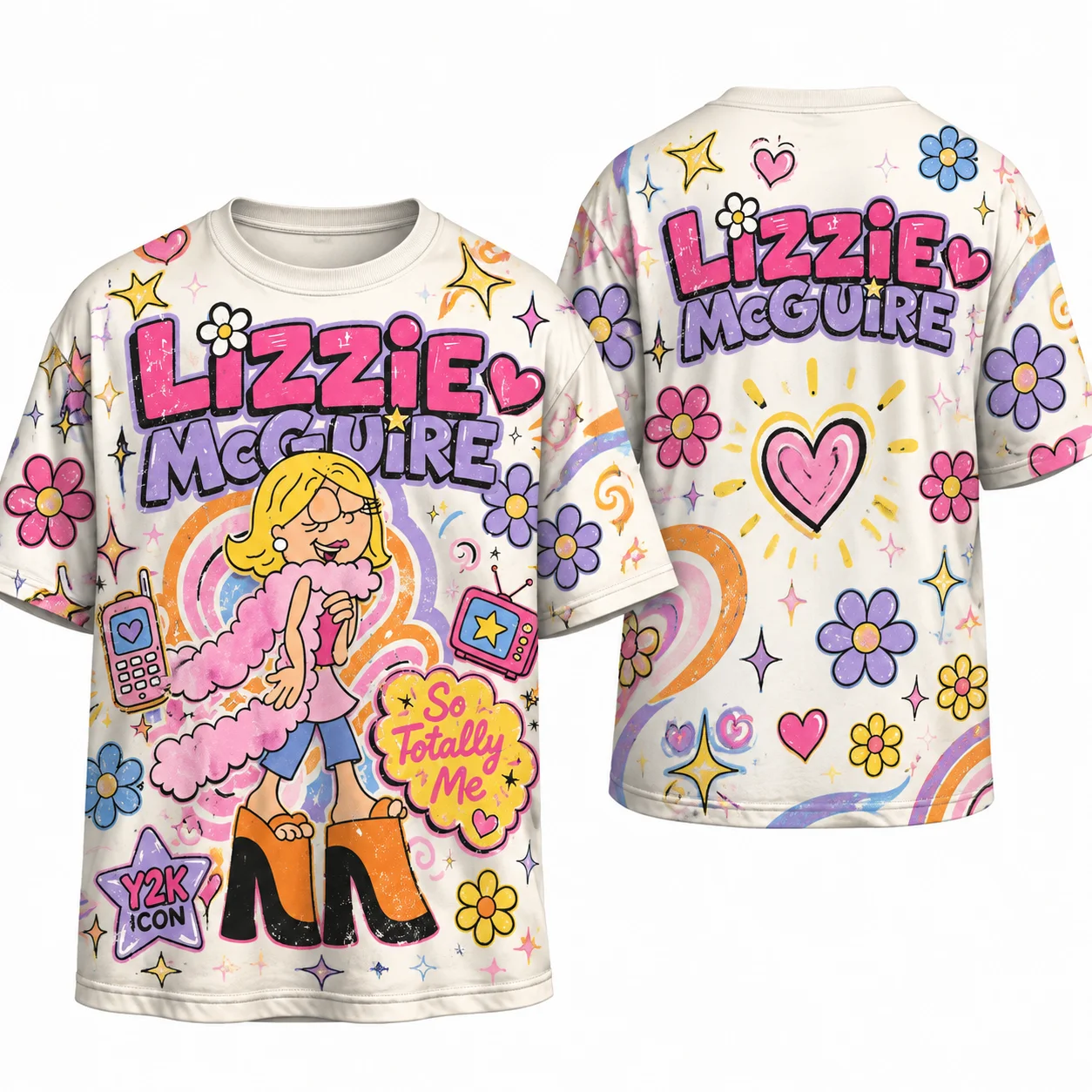 Y2K Harajuku Style Lizzie McGuire T-shirt with Retro Floral Print Men's/women's Casual Loose T-shirt Family Matching Top