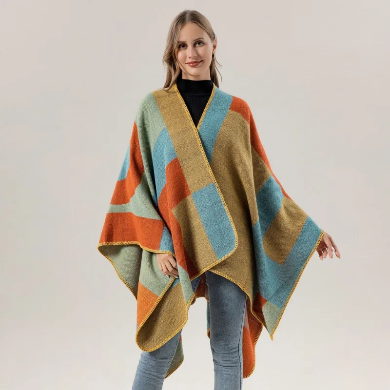 Gradient Colors Shawl Capes Printed Plaid Cardigan Loose Poncho Blanket Women Faux Cashmere Cloak Big Pendulum Out Streetwear