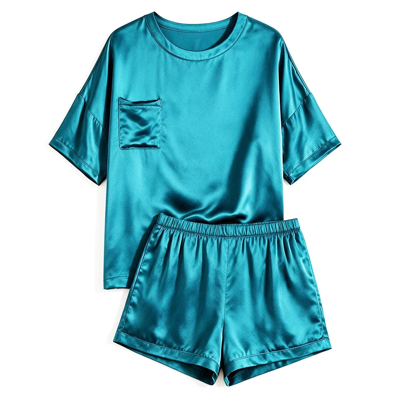 Women's Clothing New Solid Color Imitation Silk Pajamas Short-Sleeved Shorts Irregular Two-Piece Suit Solid Color Homewear Set