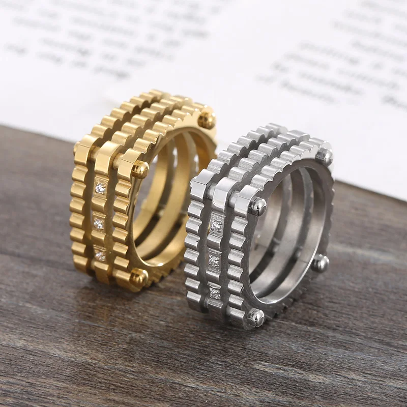 New Stainless Steel Ring For Men Women Mutiple Layers Rhinestone Square Wedding Bands Gold Silver Color Rings Jewelry Gifts